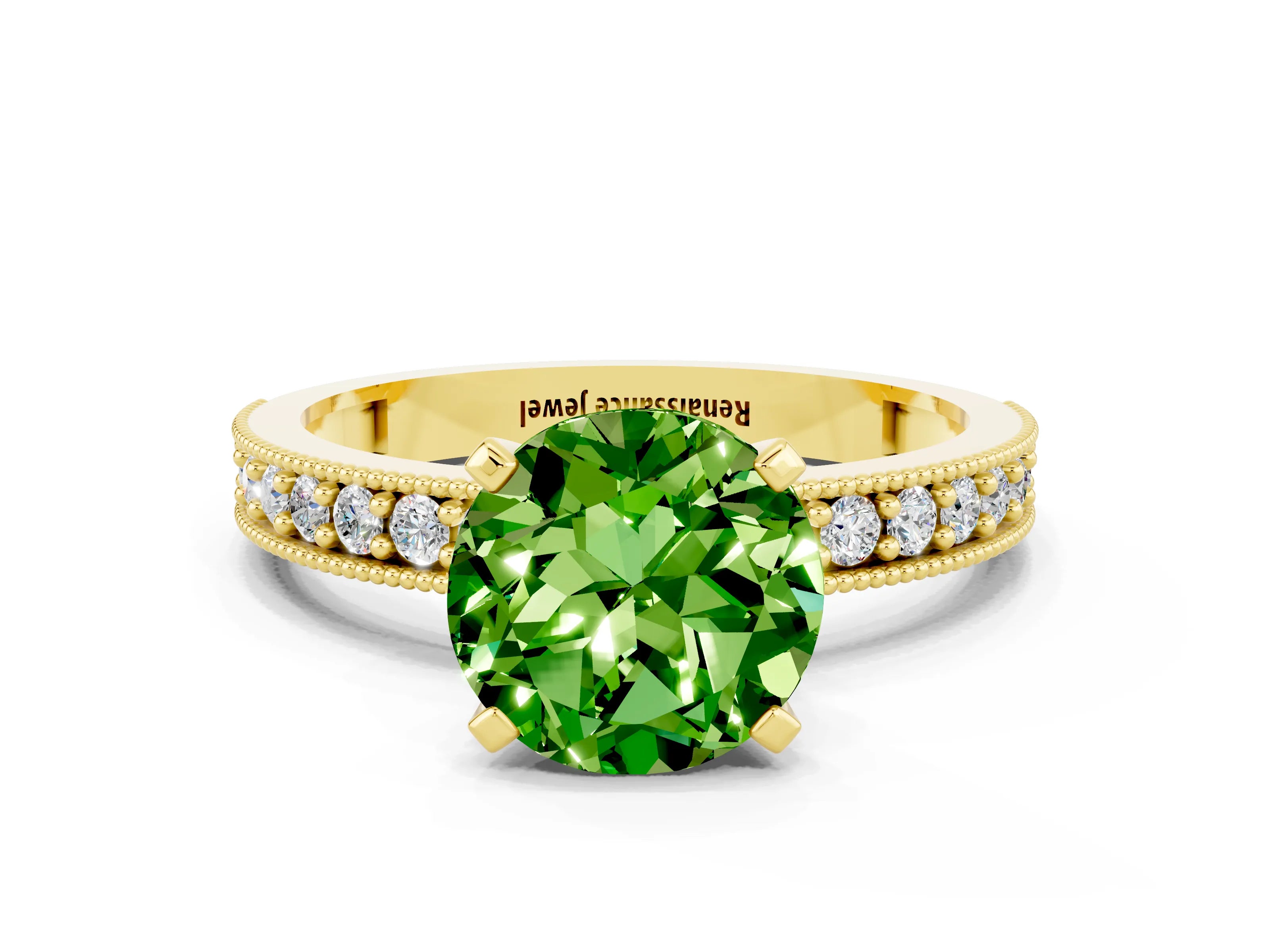 Yellow gold Round Cut Peridot Milgrain Pavé Engagement Ring with Four-Prong Setting
