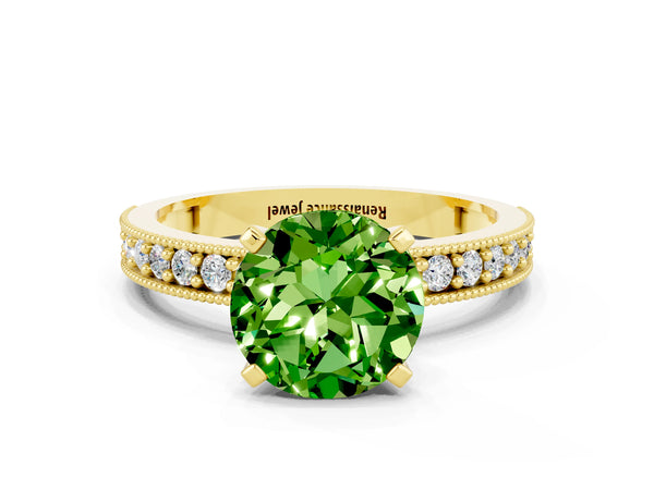Yellow gold Round Cut Peridot Milgrain Pavé Engagement Ring with Four-Prong Setting