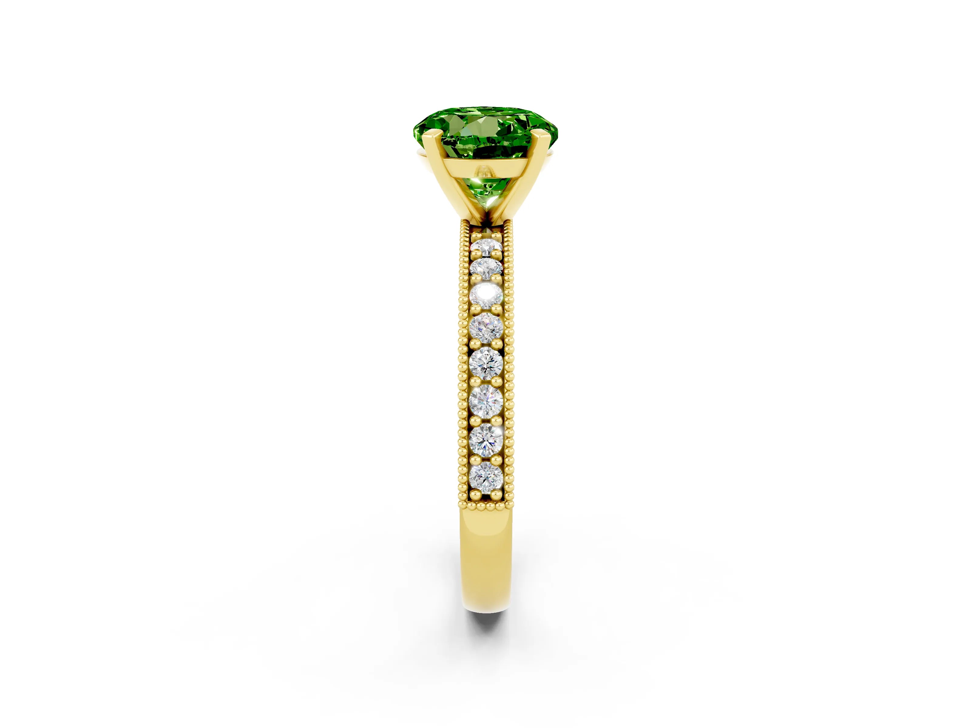 Yellow gold Round Cut Peridot Milgrain Pavé Engagement Ring with Four-Prong Setting_2