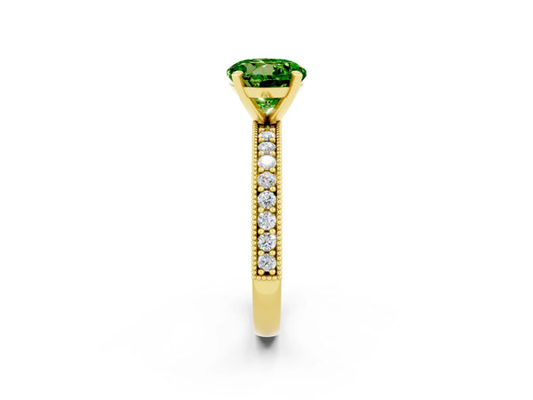 Yellow gold Round Cut Peridot Milgrain Pavé Engagement Ring with Four-Prong Setting