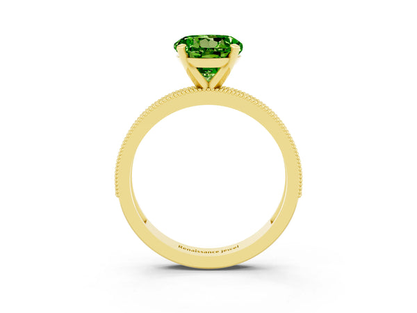 Yellow gold Round Cut Peridot Milgrain Pavé Engagement Ring with Four-Prong Setting