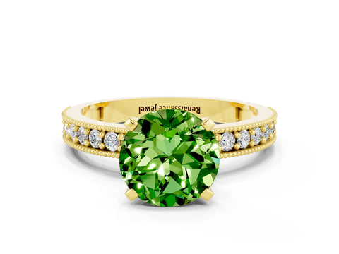 Yellow gold Round Cut Peridot Milgrain Pavé Engagement Ring with Four-Prong Setting