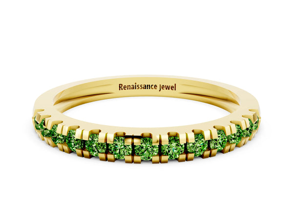 Yellow Gold Round Peridot Thin Pave Half Eternity Wedding Band