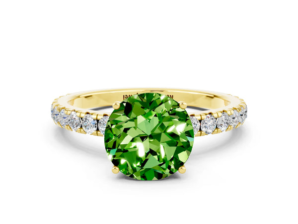 Yellow gold Round Cut Peridot Pavé Solitaire Engagement Ring with Four-Prong Setting