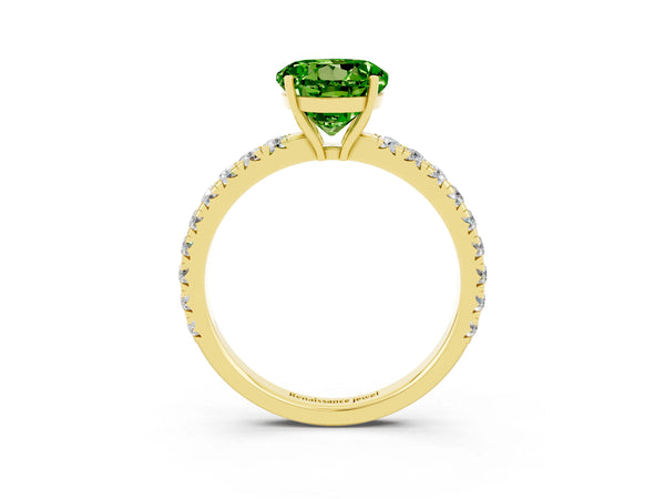 Yellow gold Round Cut Peridot Pavé Solitaire Engagement Ring with Four-Prong Setting