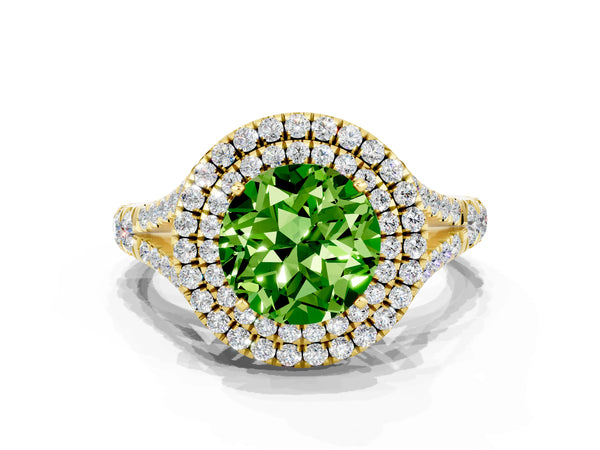Yellow gold Round Cut Peridot Pavé Split Shank Double Halo Engagement Ring