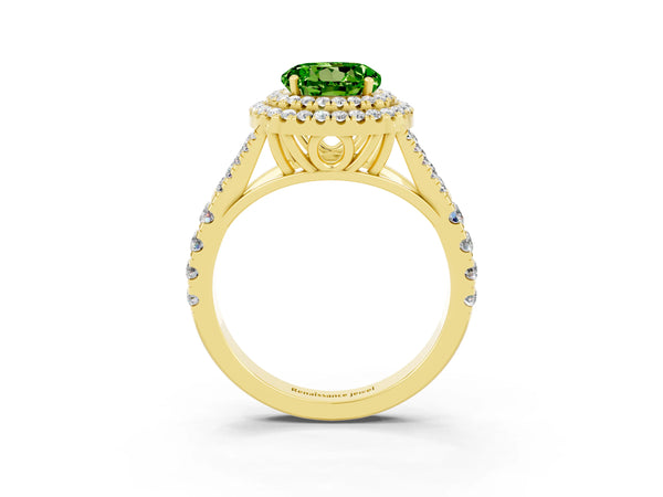 Yellow gold Round Cut Peridot Pavé Split Shank Double Halo Engagement Ring