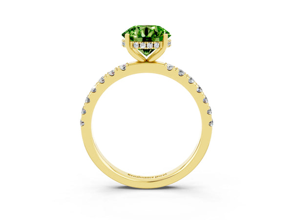 Yellow gold Round Cut Peridot Pave Band Solitaire Ring with Round  and Prong Setting