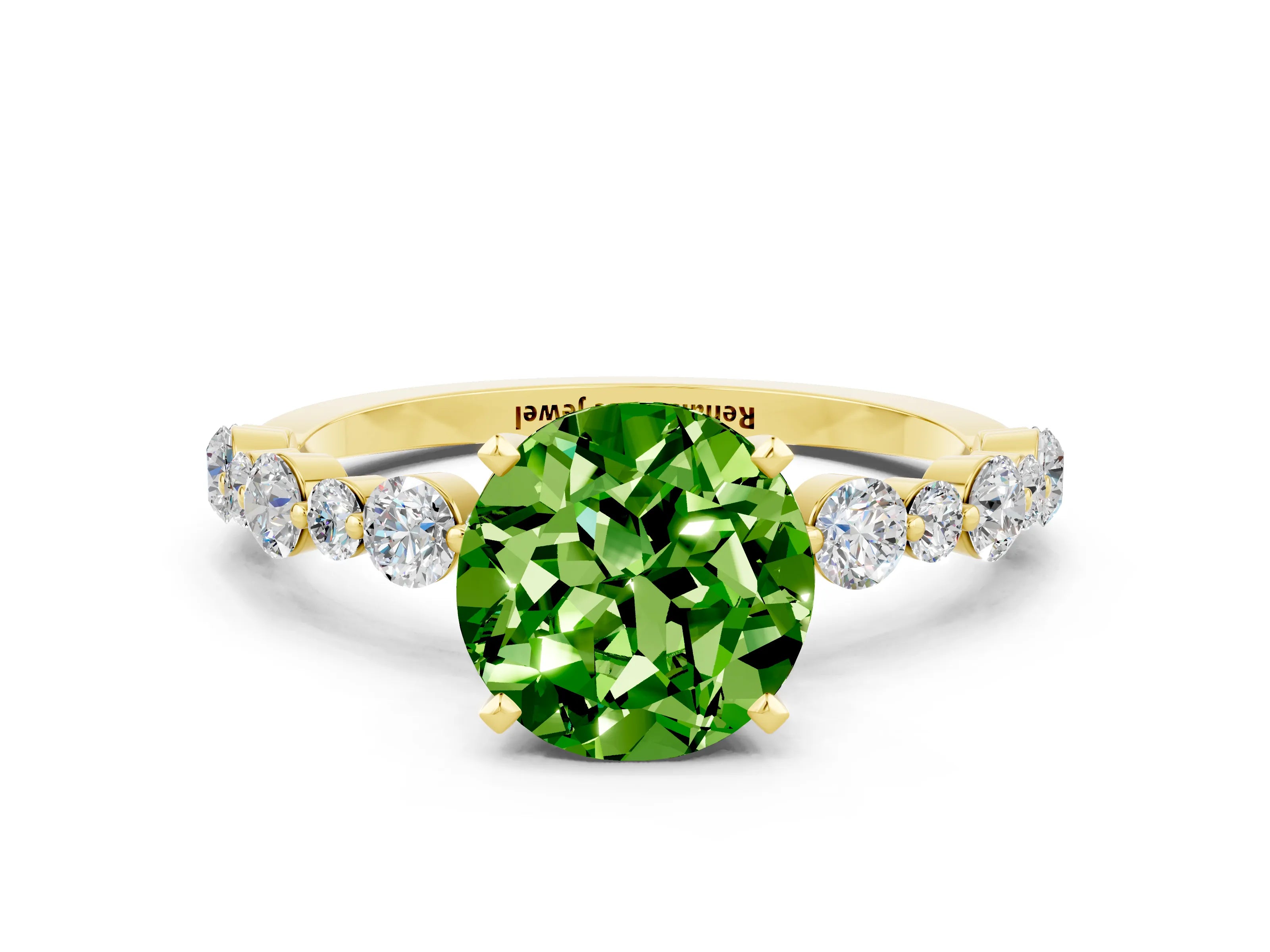 Yellow gold Round Cut Peridot Prong Set Engagement Ring with Pavé Band