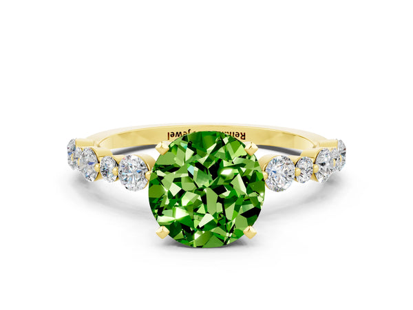 Yellow gold Round Cut Peridot Prong Set Engagement Ring with Pavé Band