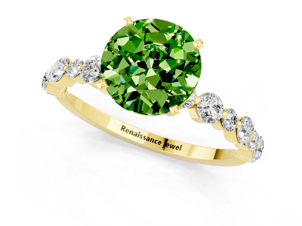 Yellow gold Round Cut Peridot Prong Set Engagement Ring with Pavé Band