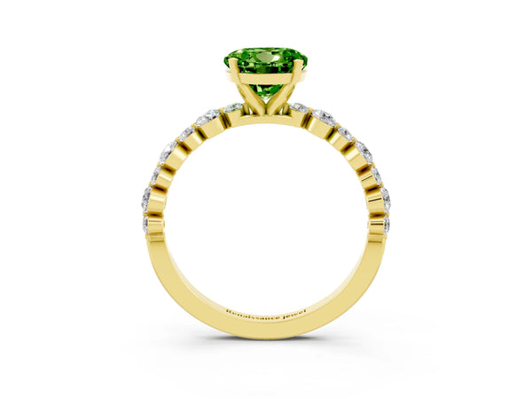 Yellow gold Round Cut Peridot Prong Set Engagement Ring with Pavé Band