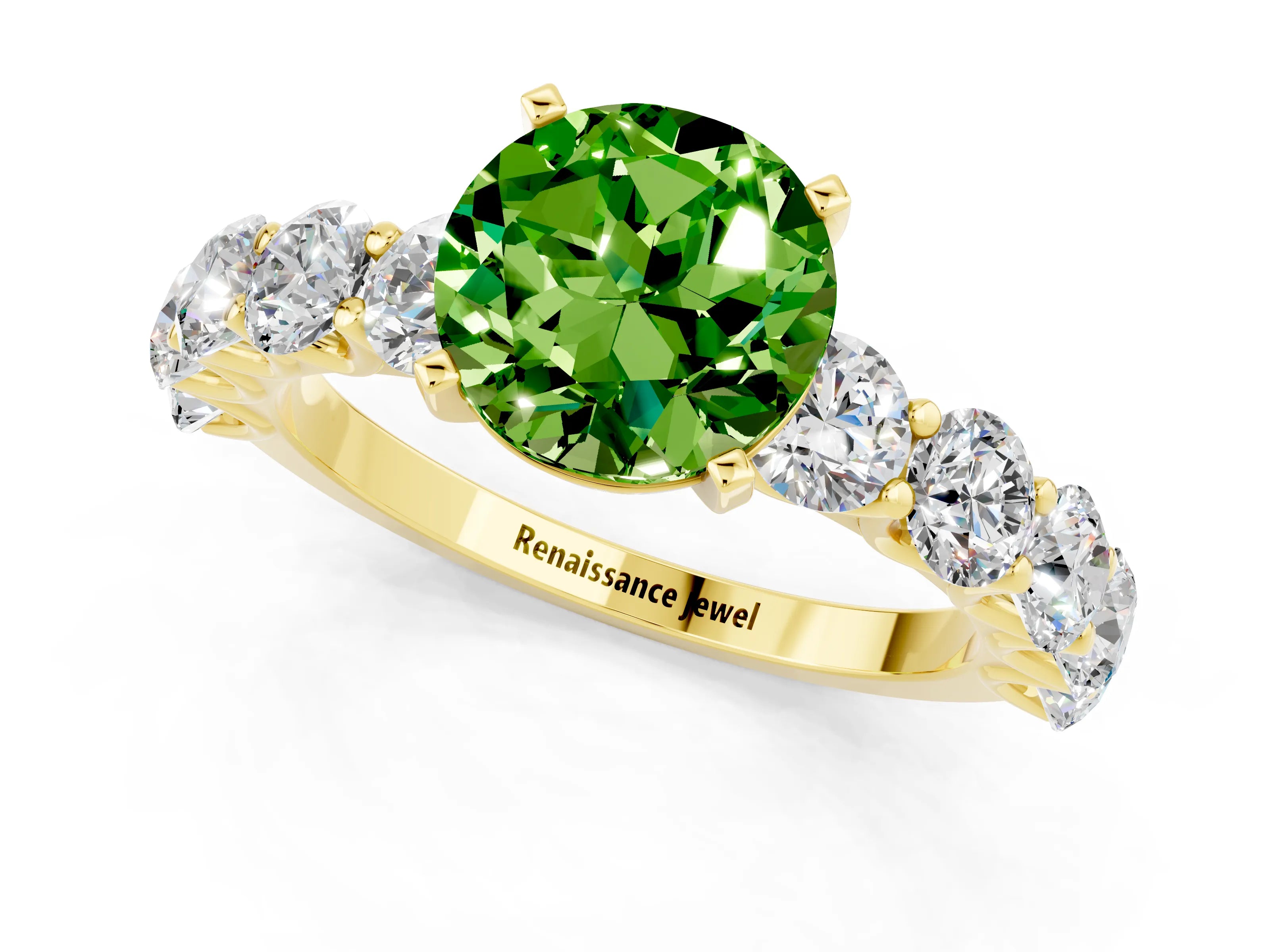 Yellow gold Round Cut Peridot Prong Setting with Side Stones on a Pave Band_1