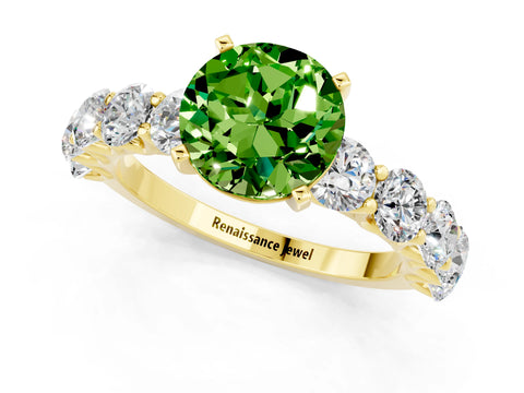 Yellow gold Round Cut Peridot Prong Setting with Side Stones on a Pave Band_1