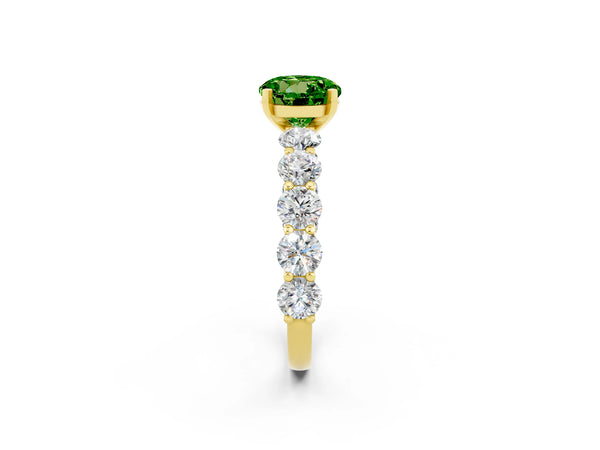 Yellow gold Round Cut Peridot Prong Setting with Side Stones on a Pave Band
