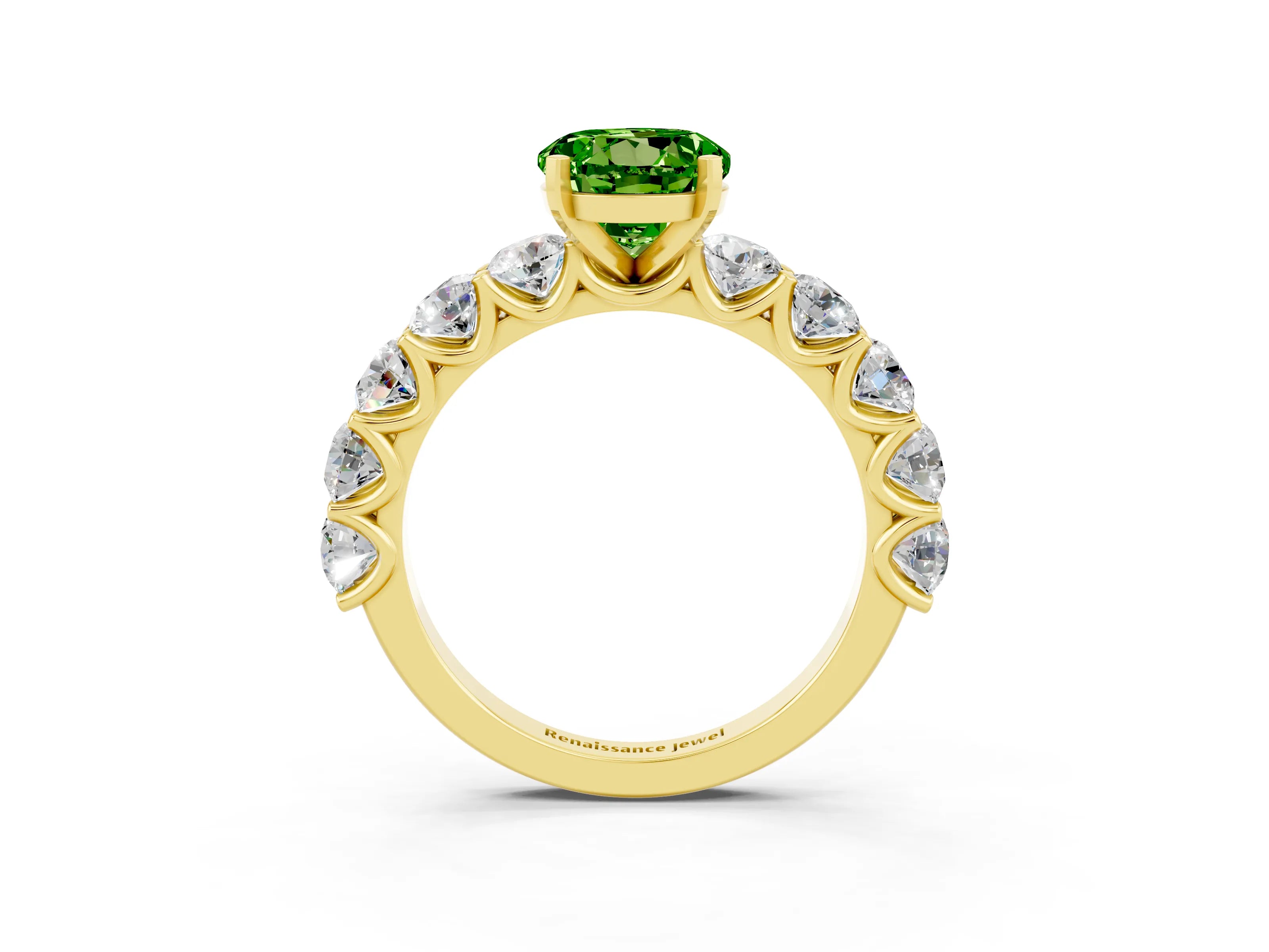 Yellow gold Round Cut Peridot Prong Setting with Side Stones on a Pave Band_3