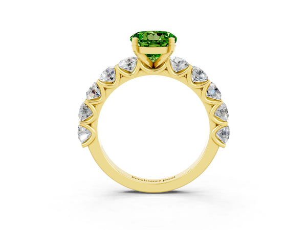 Yellow gold Round Cut Peridot Prong Setting with Side Stones on a Pave Band