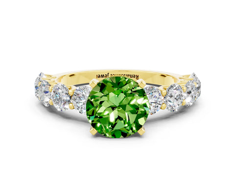 Yellow gold Round Cut Peridot Prong Setting with Side Stones on a Pave Band