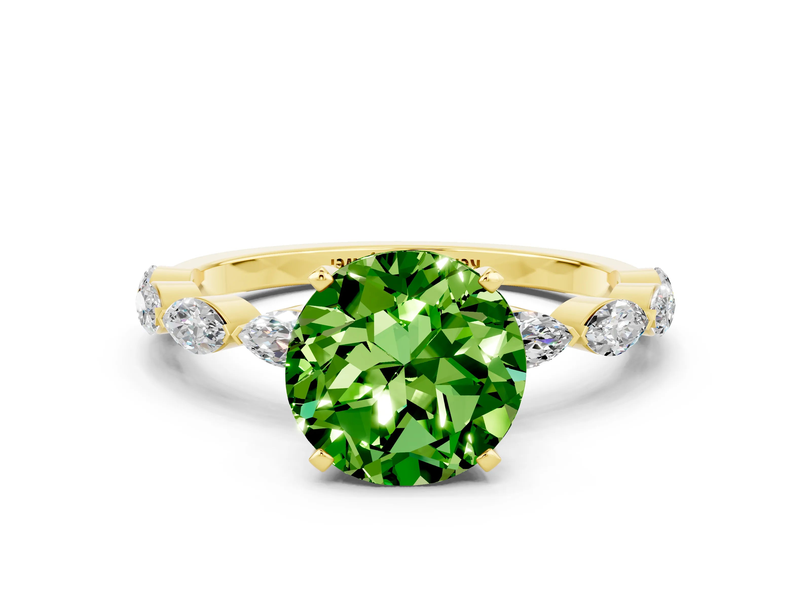 Yellow gold Round Cut Peridot Ring with Marquise Side Stones and Prong Setting