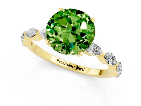 Yellow gold Round Cut Peridot Ring with Marquise Side Stones and Prong Setting_1