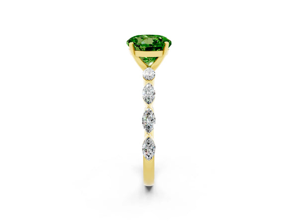 Yellow gold Round Cut Peridot Ring with Marquise Side Stones and Prong Setting
