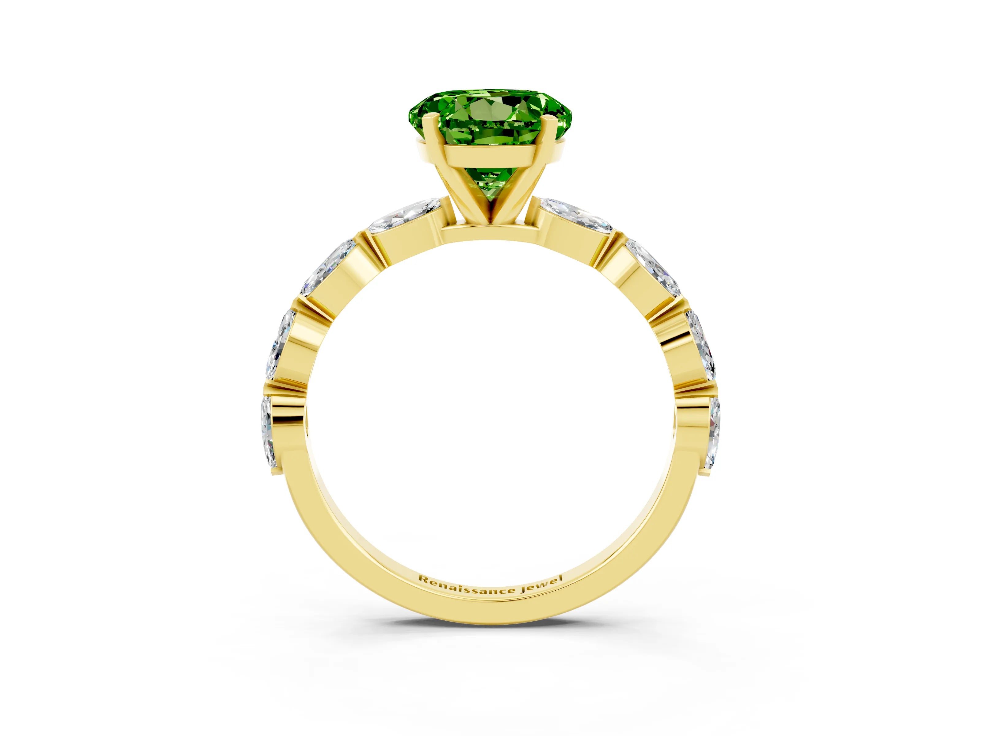 Yellow gold Round Cut Peridot Ring with Marquise Side Stones and Prong Setting_3