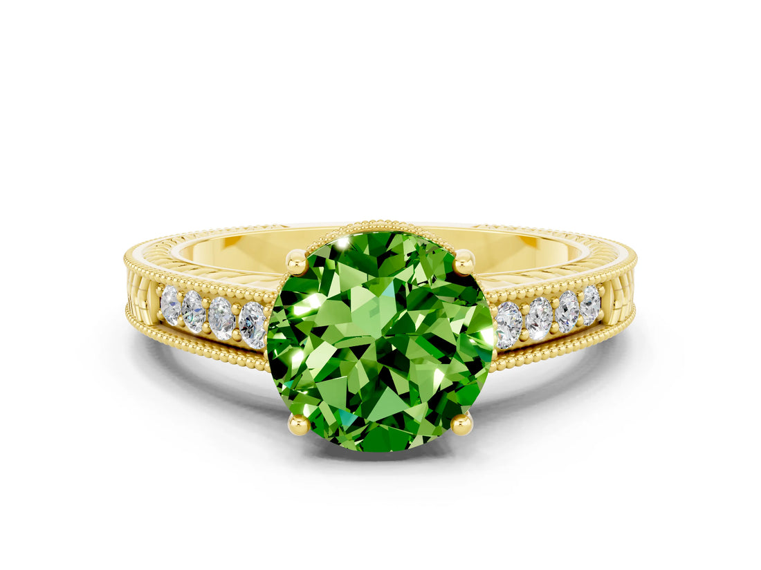 Yellow gold Round Cut Peridot Ring with Milgrain Pavé Band and Four-Prong Setting_12