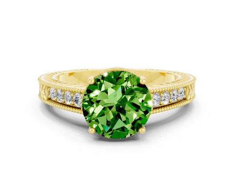 Yellow gold Round Cut Peridot Ring with Milgrain Pavé Band and Four-Prong Setting_12