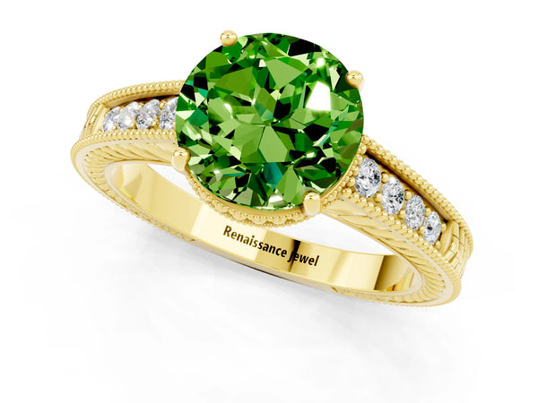 Yellow gold Round Cut Peridot Ring with Milgrain Pavé Band and Four-Prong Setting
