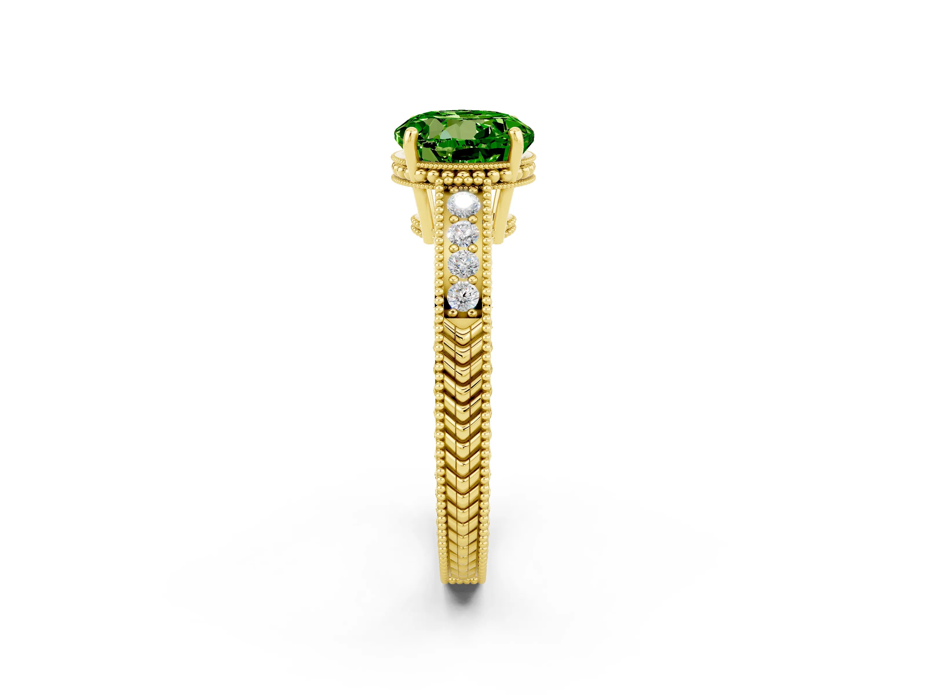 Yellow gold Round Cut Peridot Ring with Milgrain Pavé Band and Four-Prong Setting_14