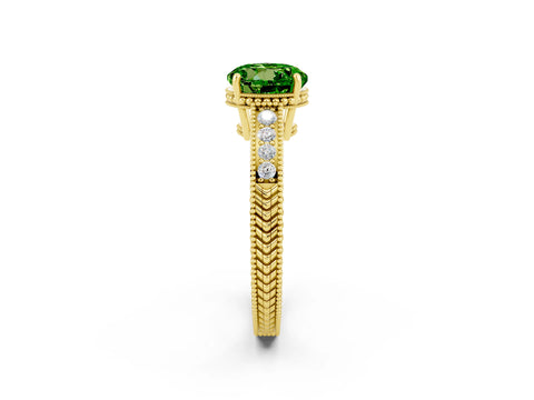 Yellow gold Round Cut Peridot Ring with Milgrain Pavé Band and Four-Prong Setting_14