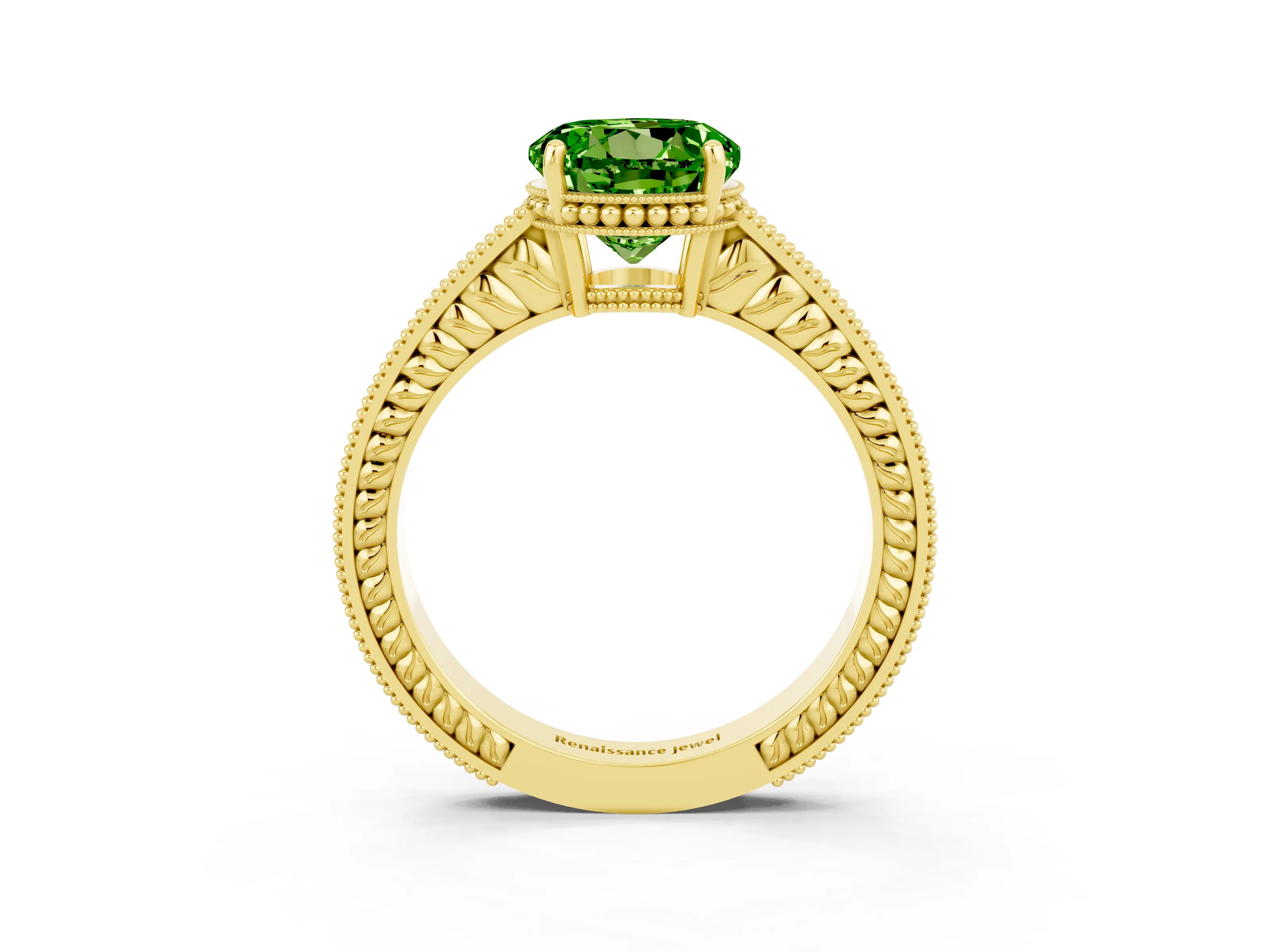 Yellow gold Round Cut Peridot Ring with Milgrain Pavé Band and Four-Prong Setting_15