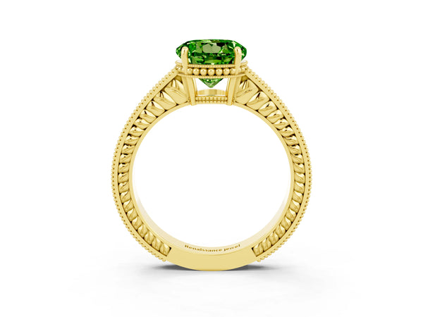 Yellow gold Round Cut Peridot Ring with Milgrain Pavé Band and Four-Prong Setting