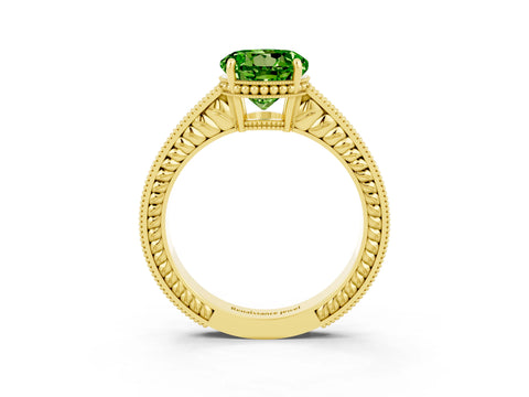 Yellow gold Round Cut Peridot Ring with Milgrain Pavé Band and Four-Prong Setting_15