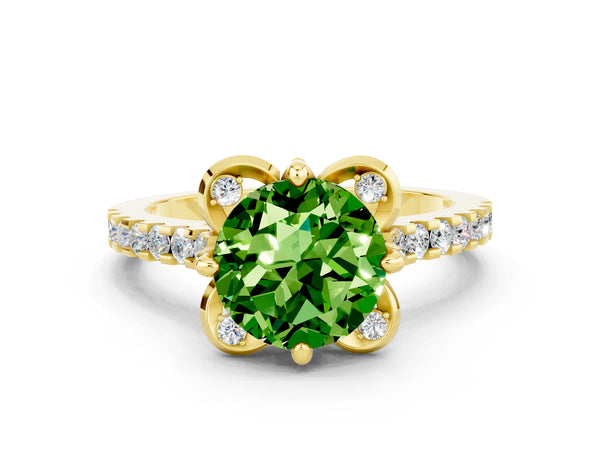 Yellow gold Round Cut Peridot Ring with Pavé Band and Floral Prong Setting