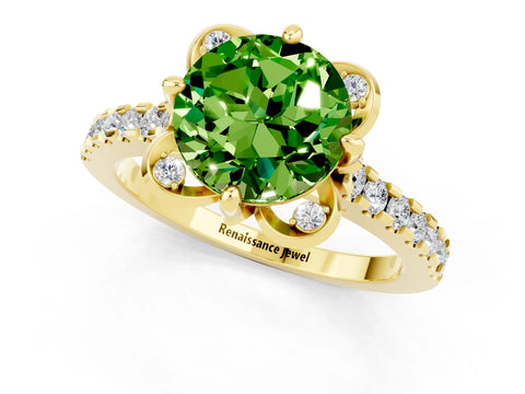 Yellow gold Round Cut Peridot Ring with Pavé Band and Floral Prong Setting_1