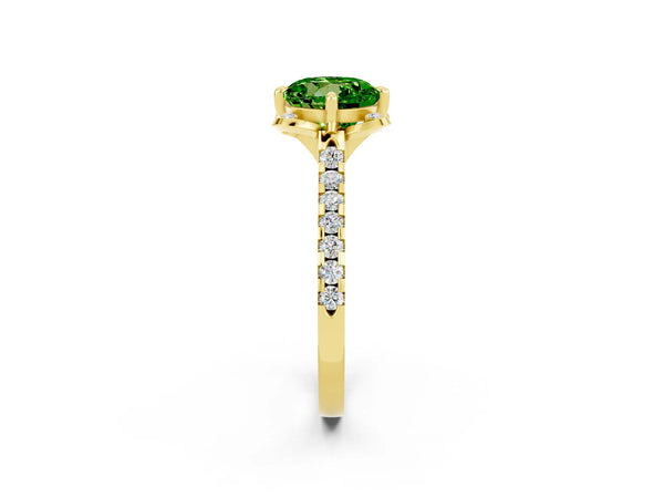Yellow gold Round Cut Peridot Ring with Pavé Band and Floral Prong Setting