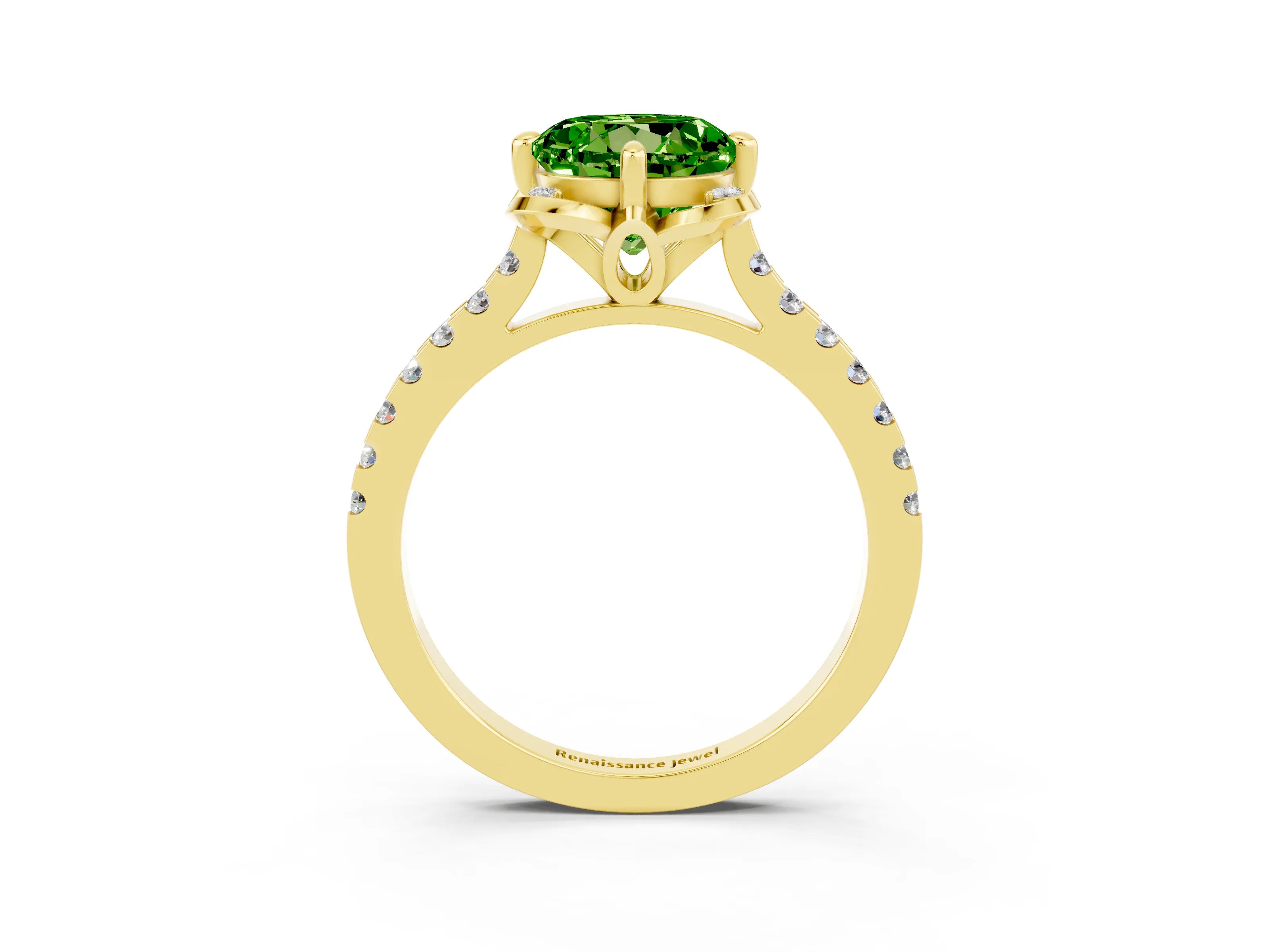 Yellow gold Round Cut Peridot Ring with Pavé Band and Floral Prong Setting_3