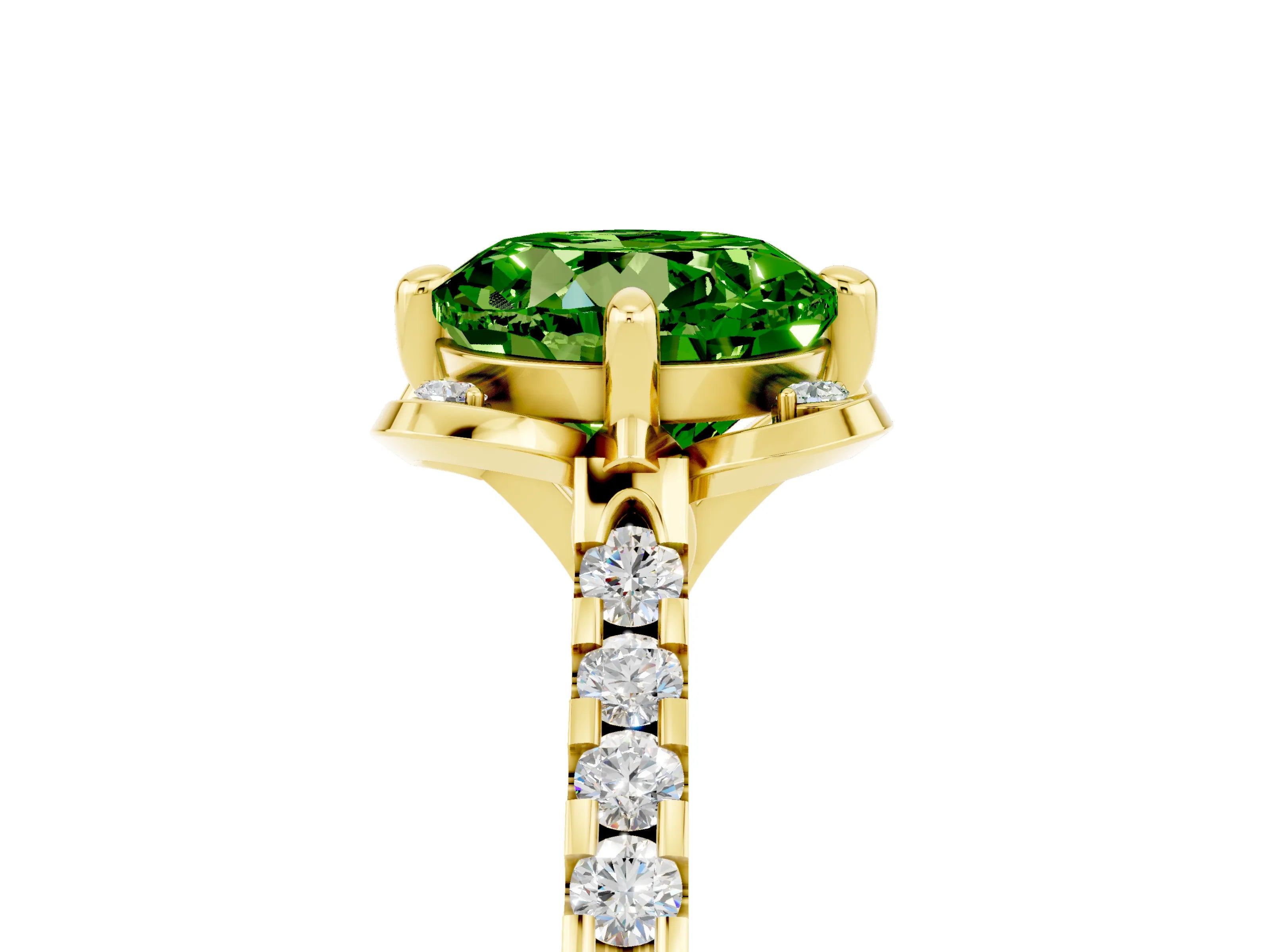 Yellow gold Round Cut Peridot Ring with Pavé Band and Floral Prong Setting_5