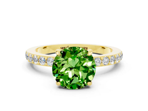 Yellow gold Round Cut Peridot Ring with Pavé Band and Four-Prong Setting