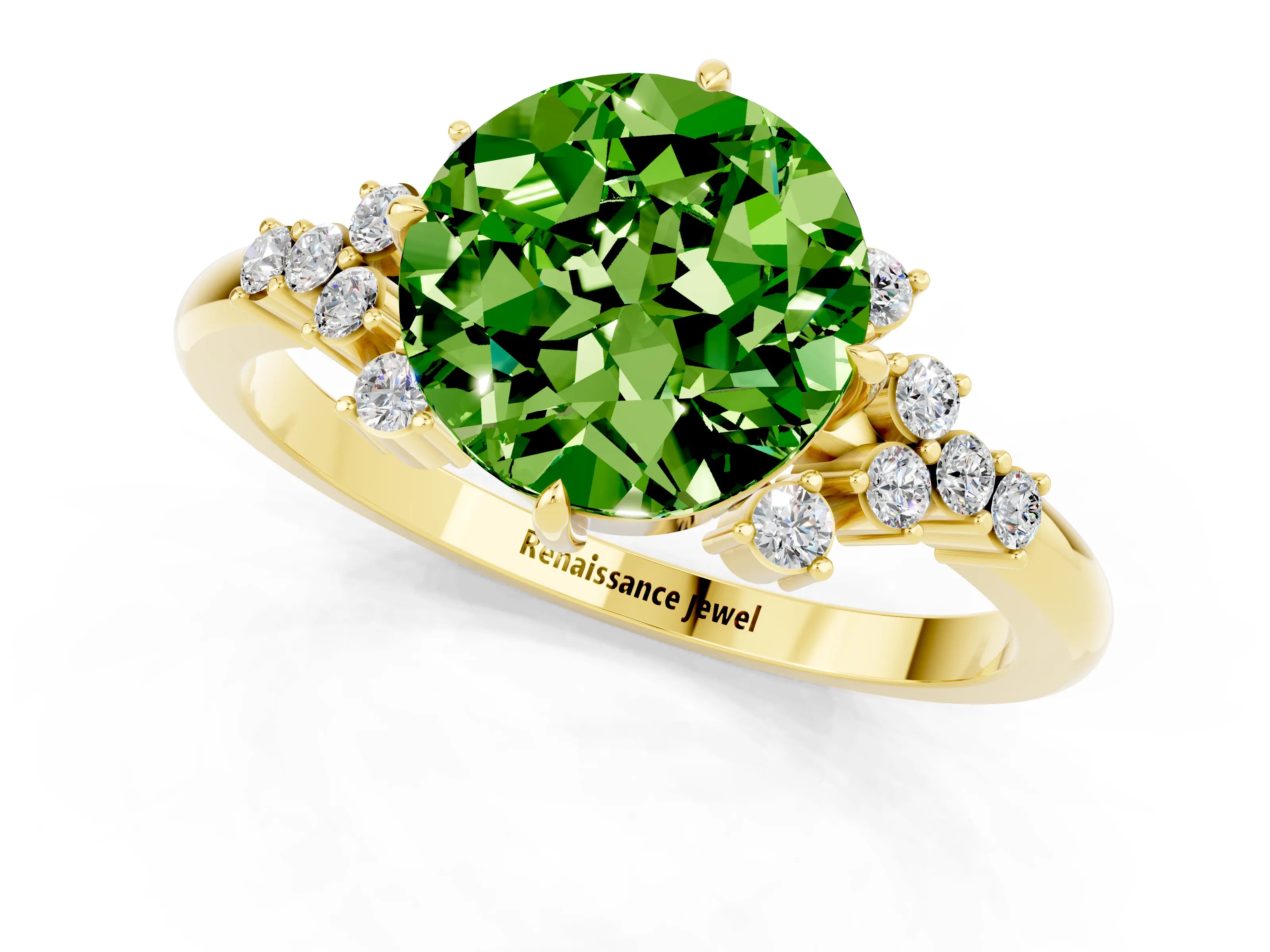 Yellow gold Round Cut Peridot Ring with Side Stones and Four-Prong Setting_37