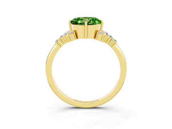 Yellow gold Round Cut Peridot Ring with Side Stones and Four-Prong Setting