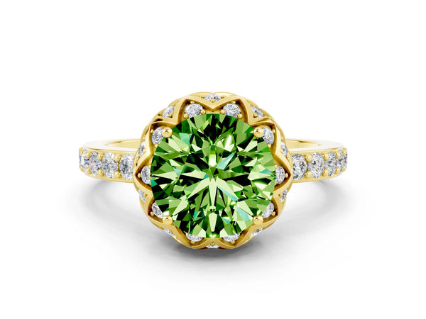 Yellow gold Round Cut Peridot Scalloped Halo Engagement Ring with Round Shared Prong Band