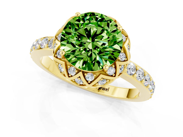 Yellow gold Round Cut Peridot Scalloped Halo Engagement Ring with Round Shared Prong Band