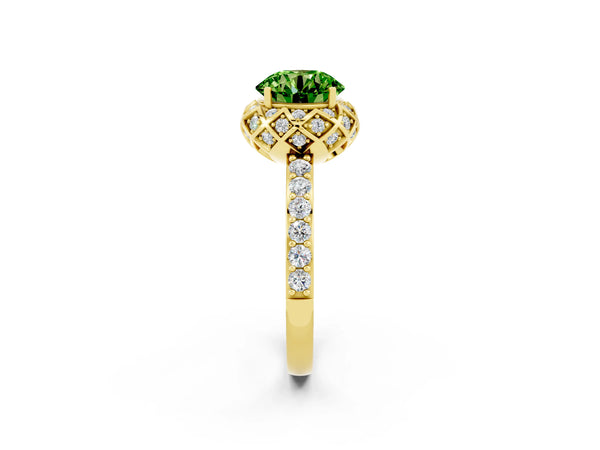 Yellow gold Round Cut Peridot Scalloped Halo Engagement Ring with Round Shared Prong Band