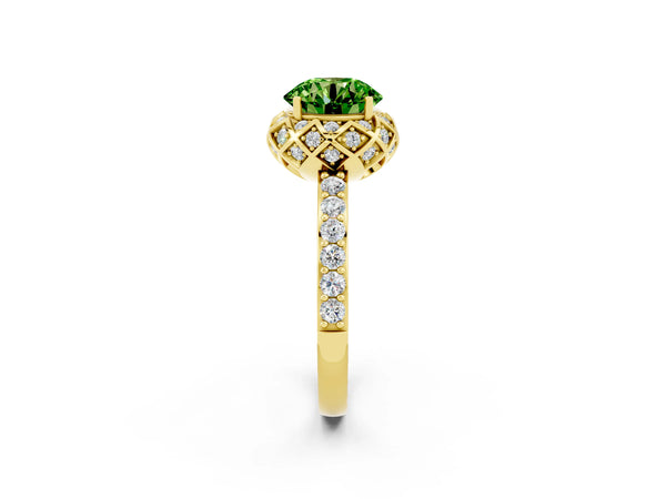 Yellow gold Round Cut Peridot Scalloped Halo Engagement Ring with Round Shared Prong Band