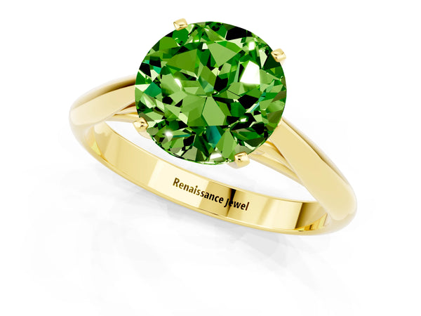 Yellow gold Round Cut Peridot Solitaire Engagement Ring with Cathedral Setting and Four-Prong Mount