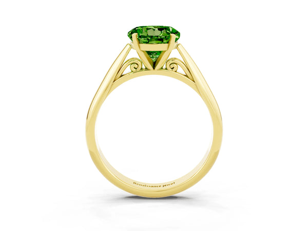 Yellow gold Round Cut Peridot Solitaire Engagement Ring with Cathedral Setting and Four-Prong Mount