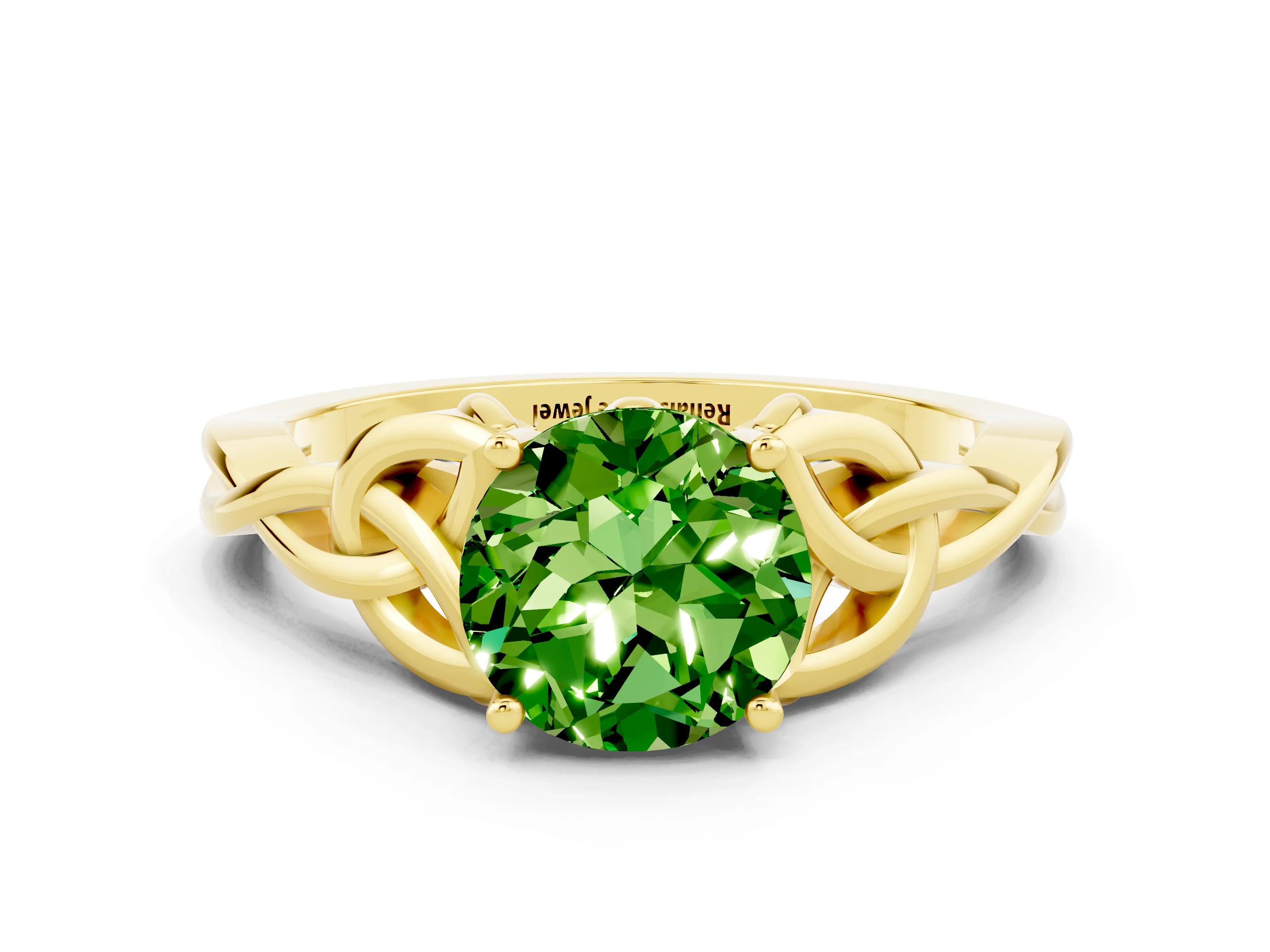 Yellow gold Round Cut Peridot Solitaire Engagement Ring with Celtic Knot Band and Four-Prong Setting