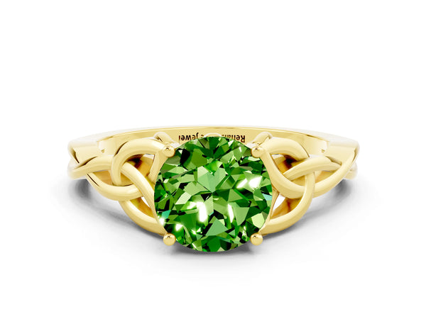 Yellow gold Round Cut Peridot Solitaire Engagement Ring with Celtic Knot Band and Four-Prong Setting